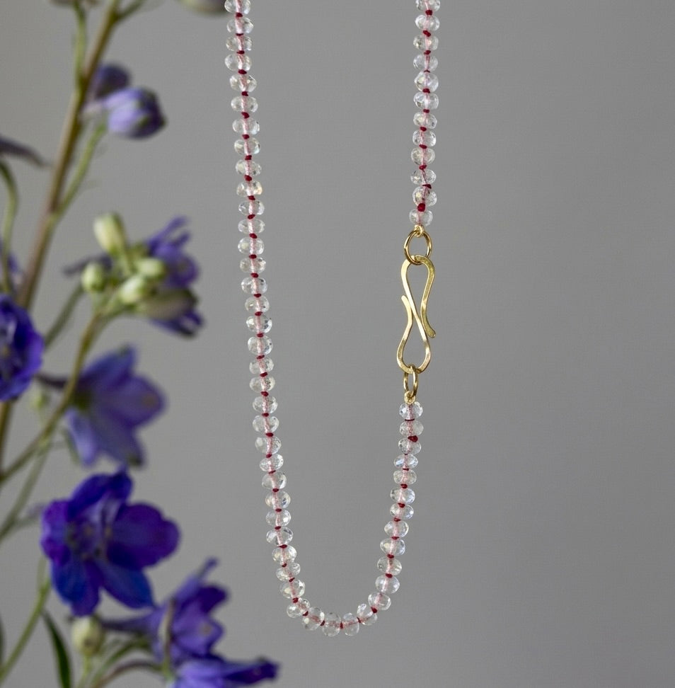 20” White Topaz necklace hand-knotted with red silk