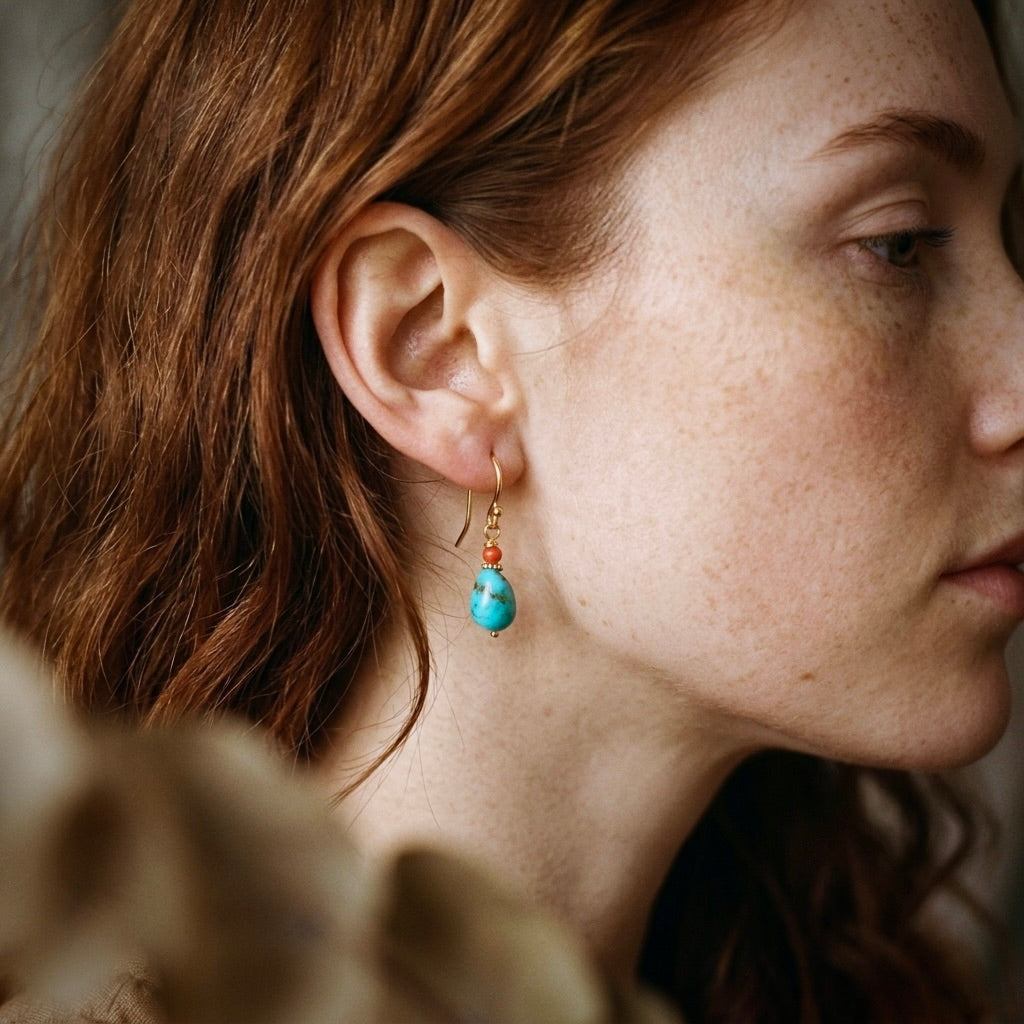 Nevada turquoise nugget earrings with red coral