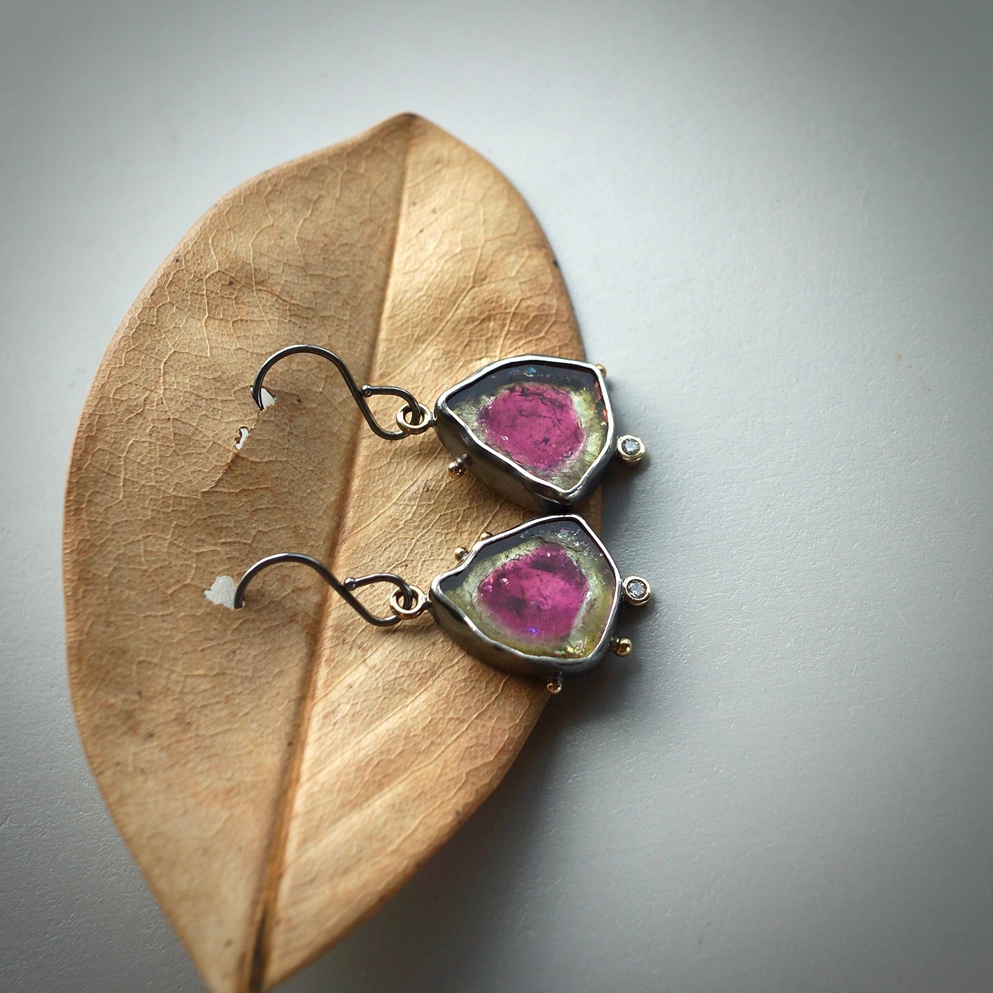 Watermelon tourmaline and diamond earrings