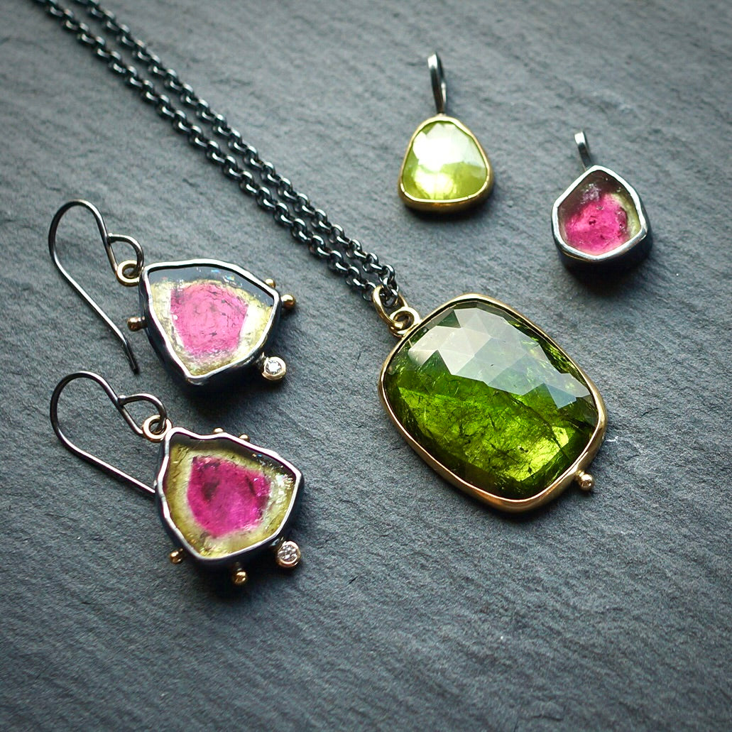 Watermelon tourmaline and diamond earrings