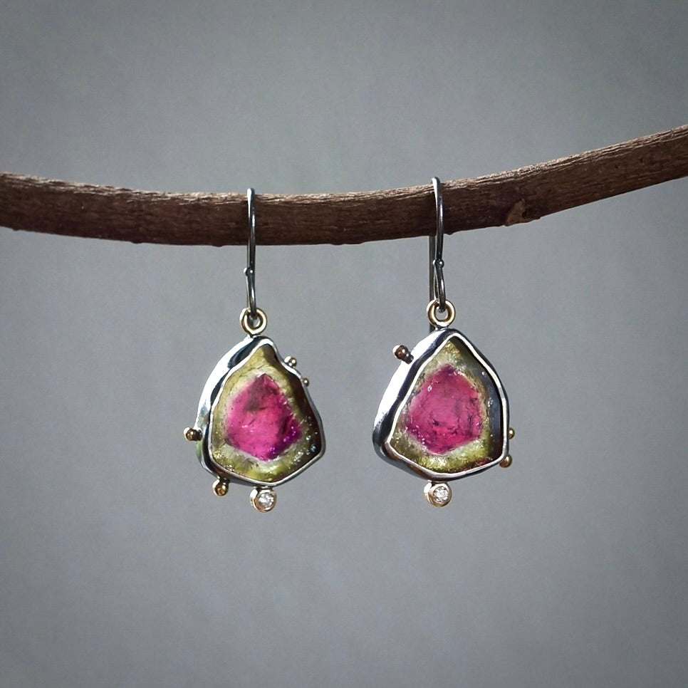 Watermelon tourmaline and diamond earrings