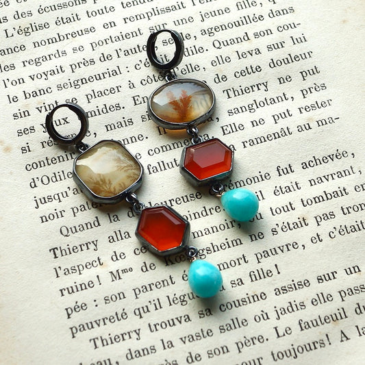 Dendritic agate, carnelian and amazonite earrings