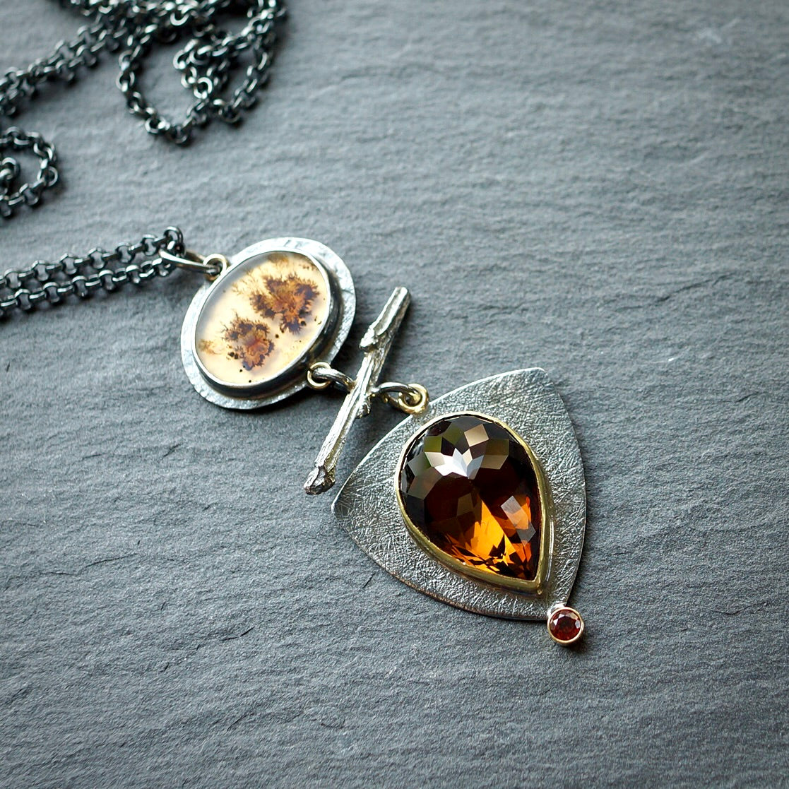 Dendritic agate and smokey tourmaline pendant