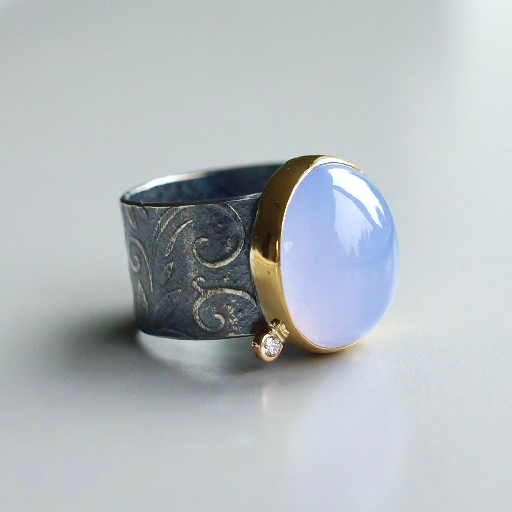 Namibian Blue Chalcedony and diamond ring