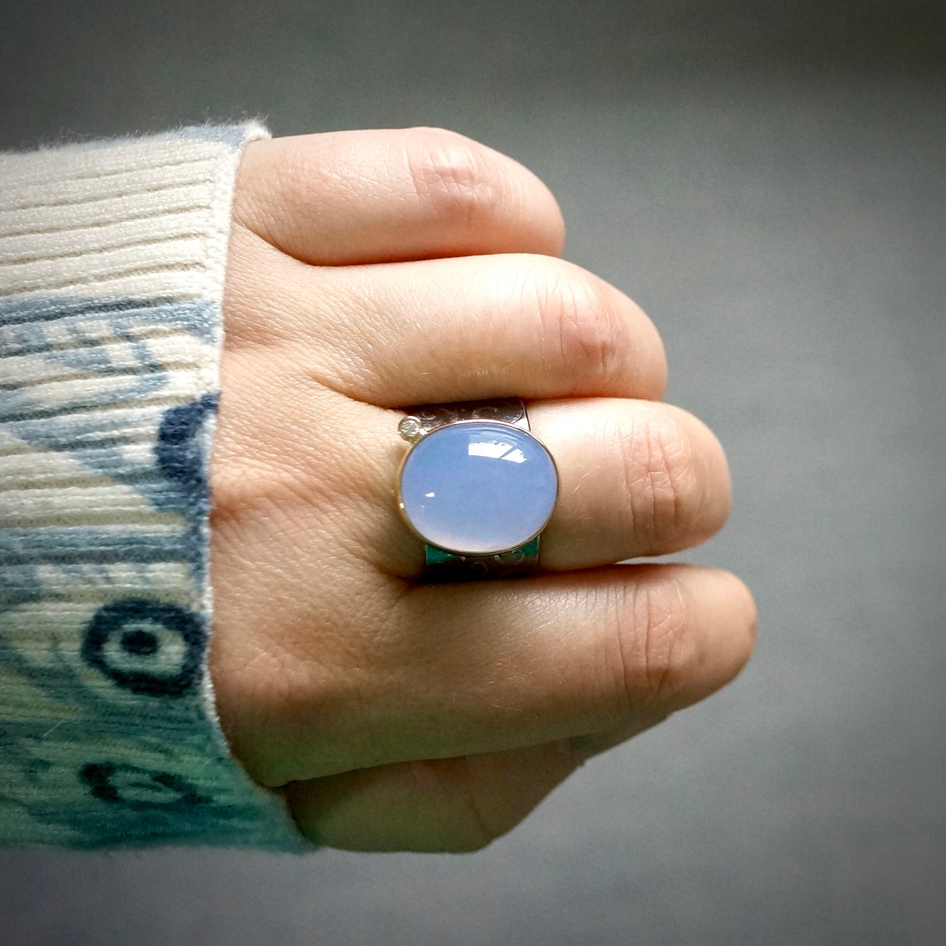 Namibian Blue Chalcedony and diamond ring