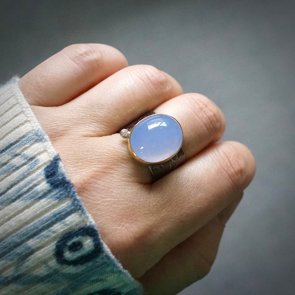 Namibian Blue Chalcedony and diamond ring
