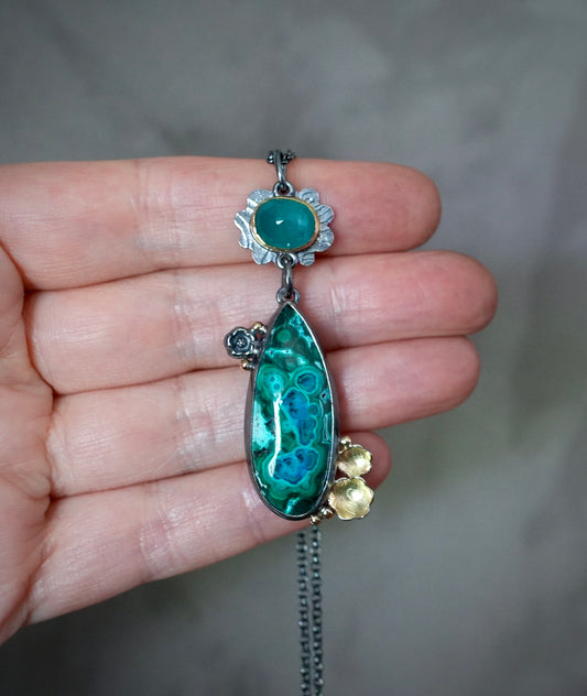 Grandidierite and malachite-chrysocolla flowering pendant