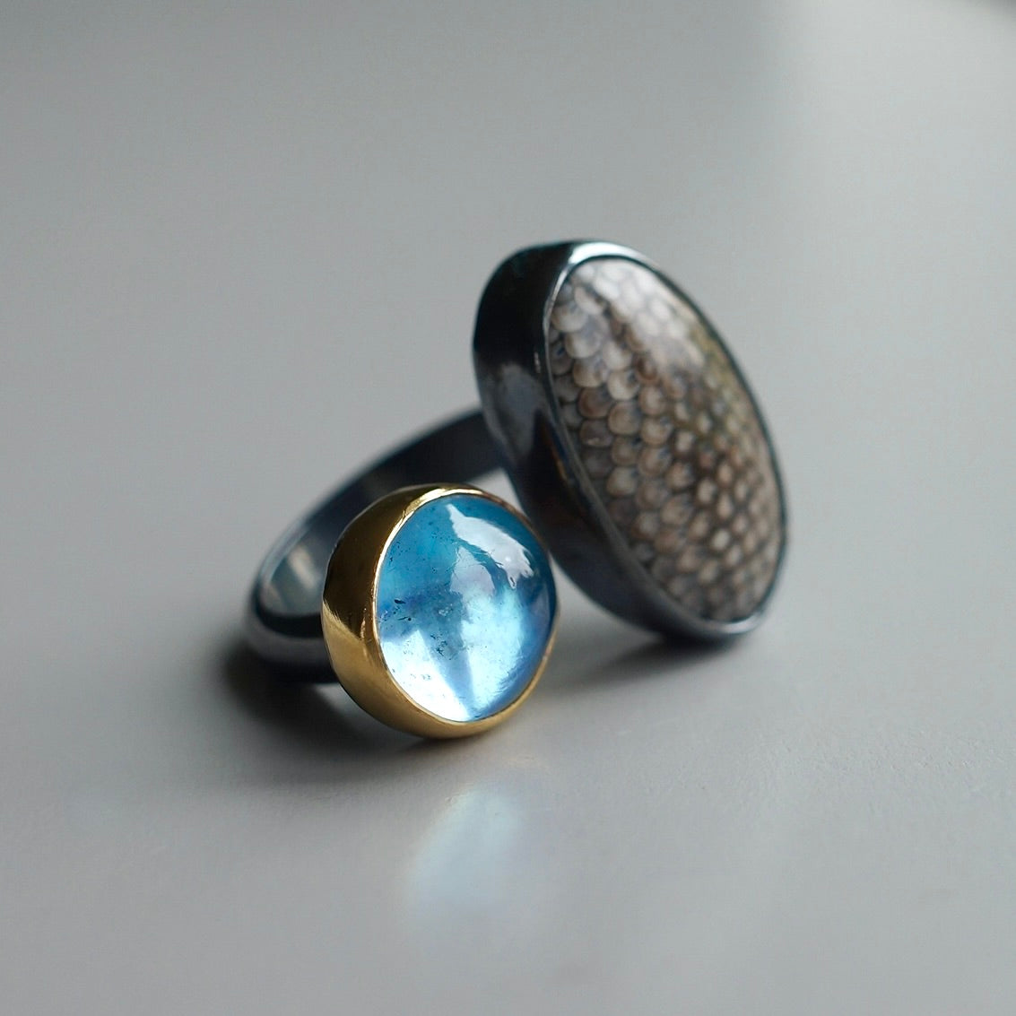 Snakeskin fossil and aquamarine ring