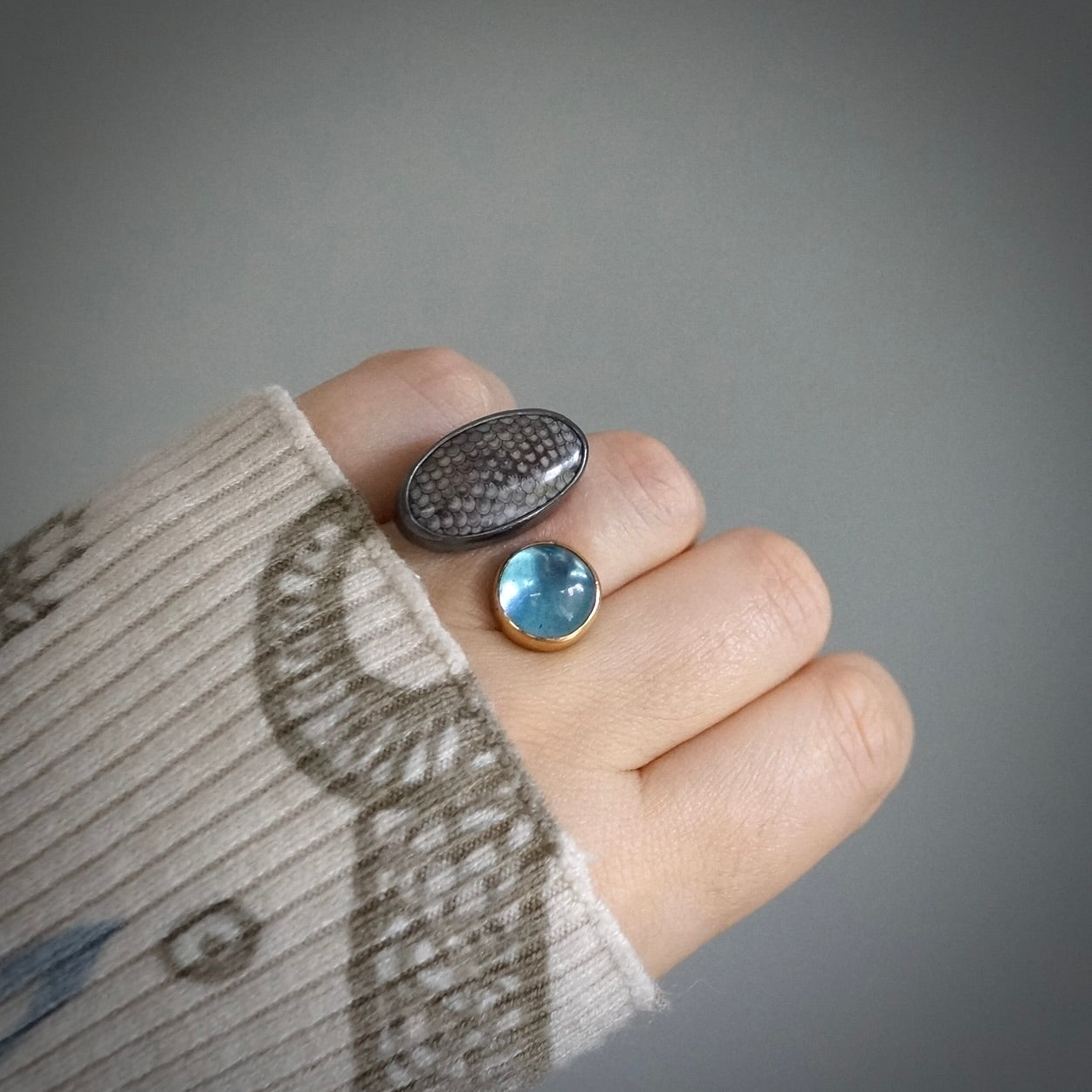 Snakeskin fossil and aquamarine ring