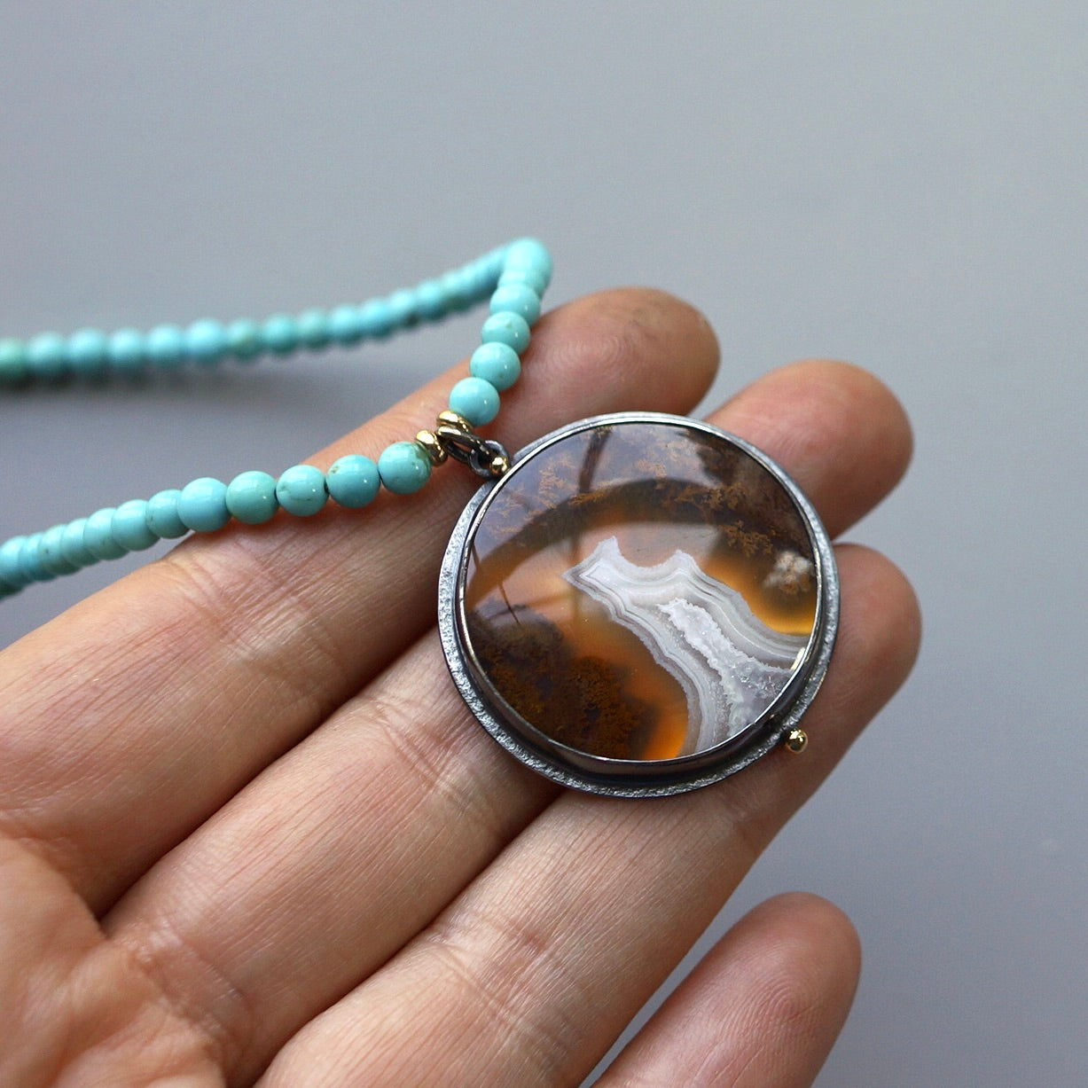 Moss agate and natural Campitos turquoise necklace