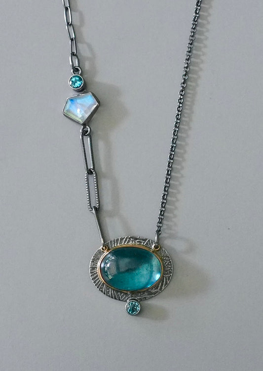 Aquamarine, blue topaz and rainbow moonstone necklace