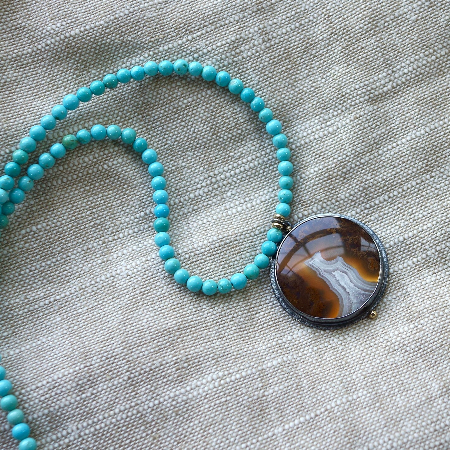 Moss agate and natural Campitos turquoise necklace