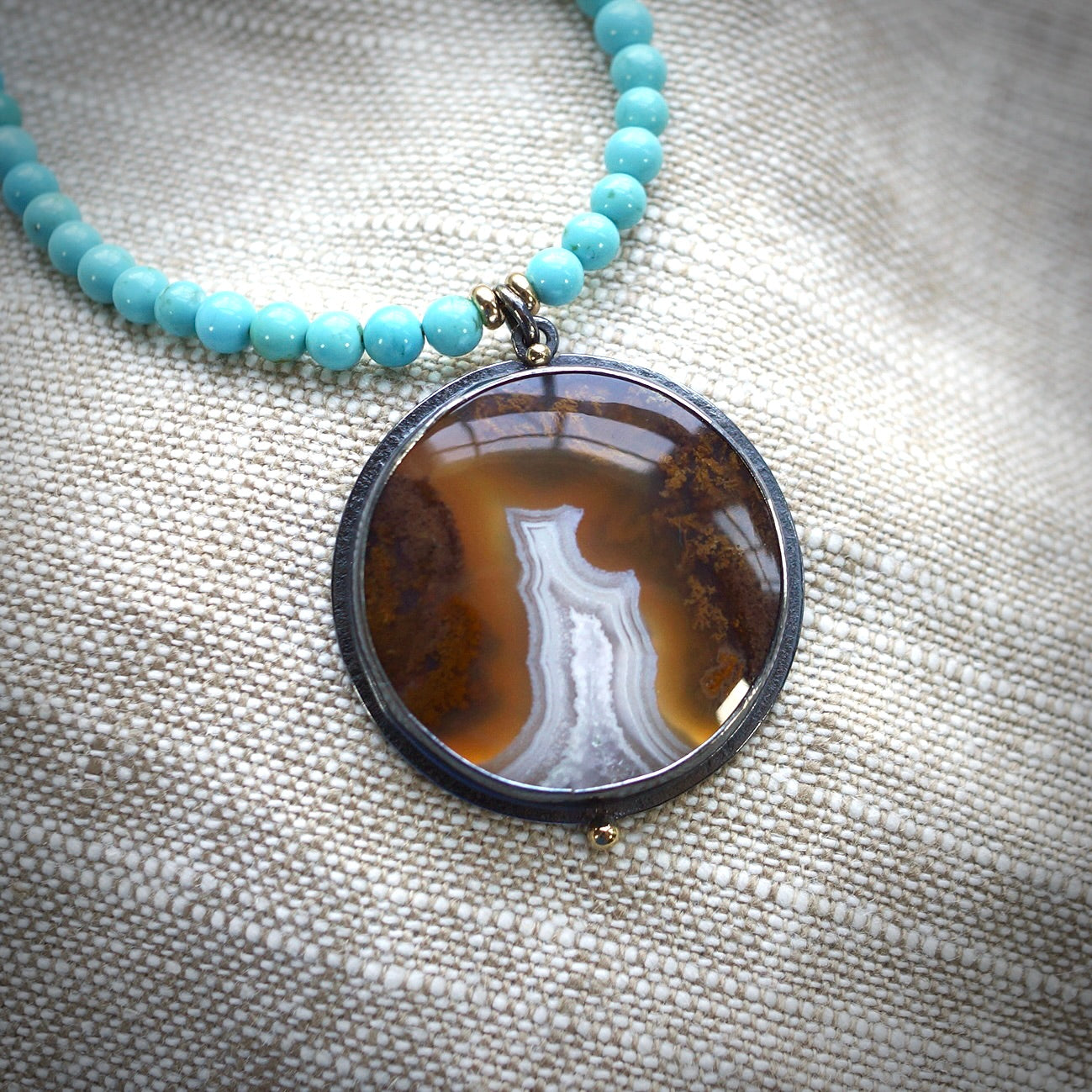 Moss agate and natural Campitos turquoise necklace