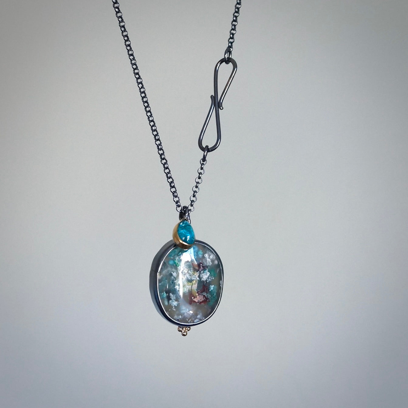 Chrysocolla copper and blue apatite charm necklace