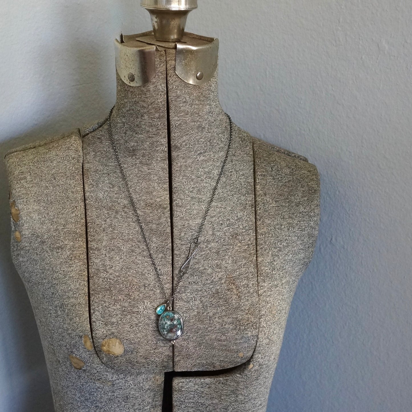 Chrysocolla copper and blue apatite charm necklace
