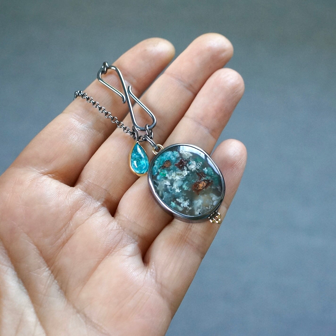 Chrysocolla copper and blue apatite charm necklace