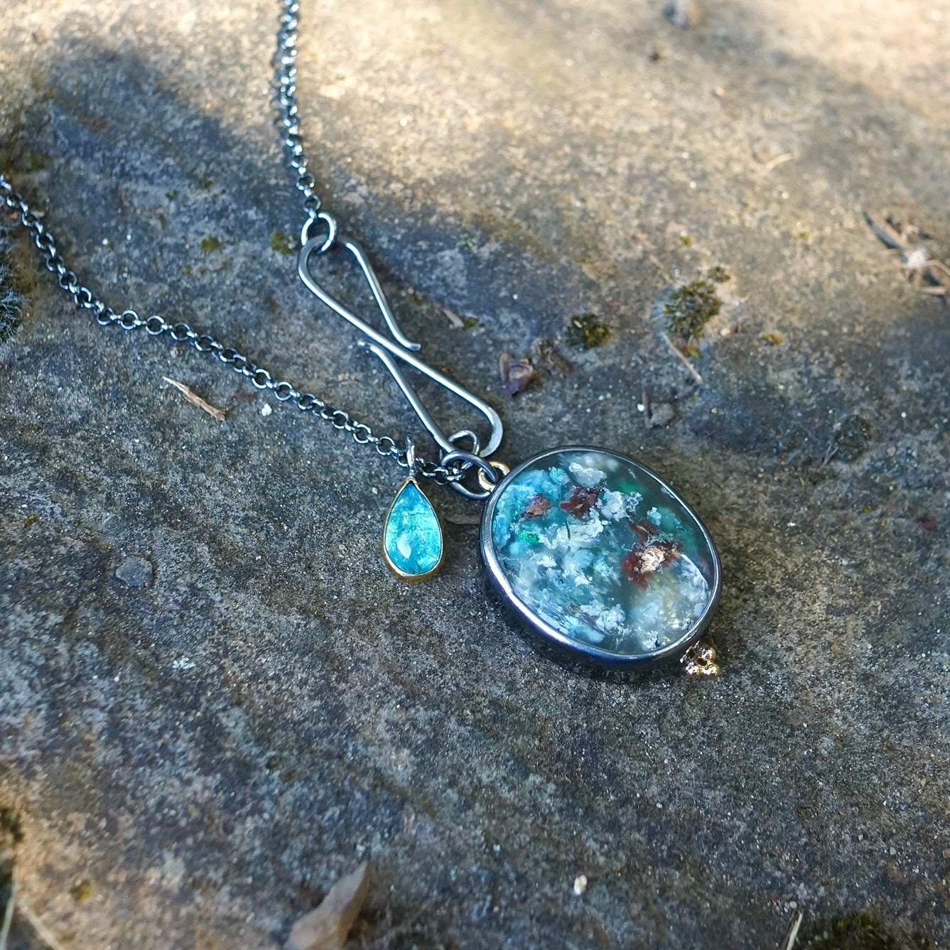 Chrysocolla copper and blue apatite charm necklace