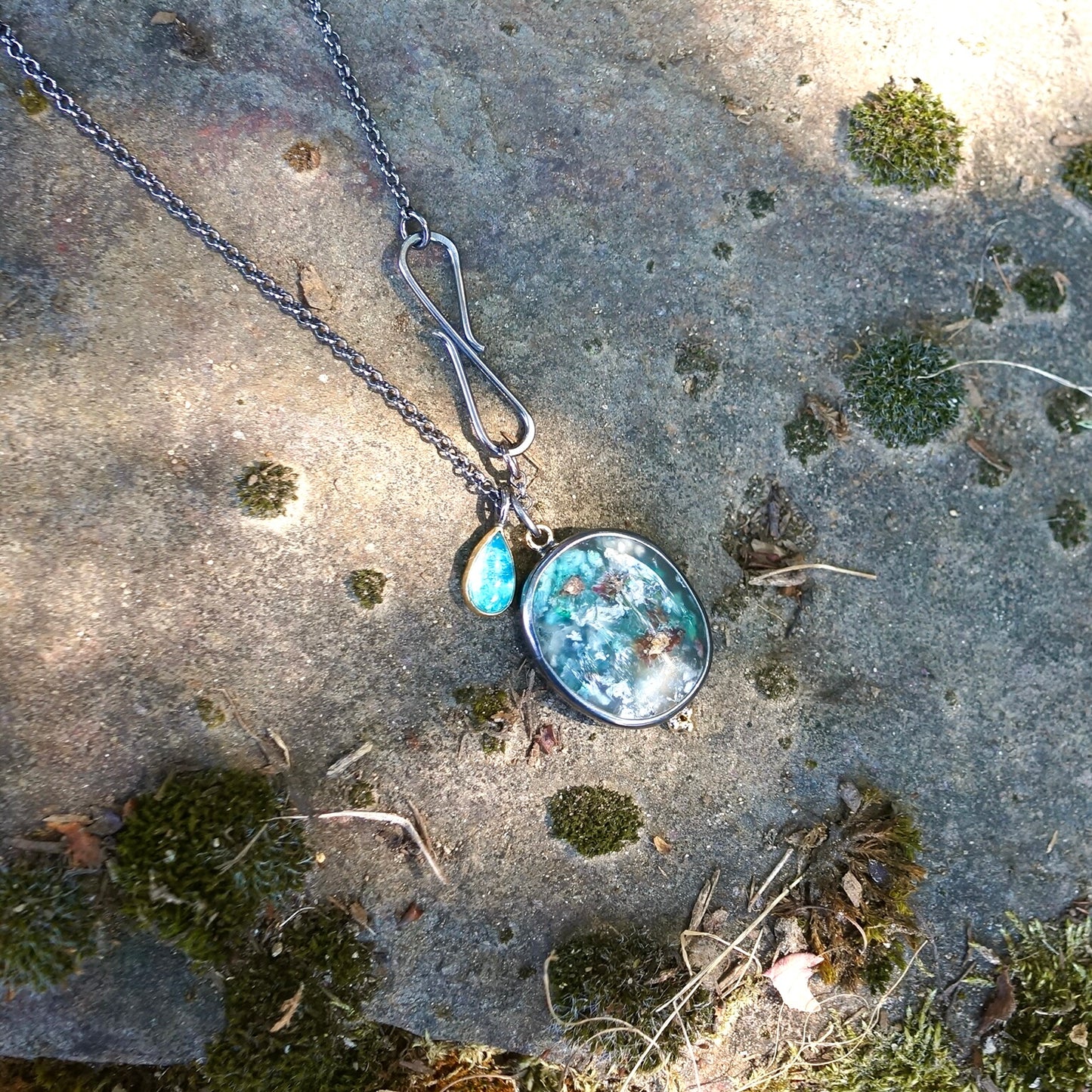 Chrysocolla copper and blue apatite charm necklace