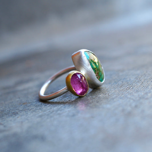 Lone Mountain turquoise and pink tourmaline ring