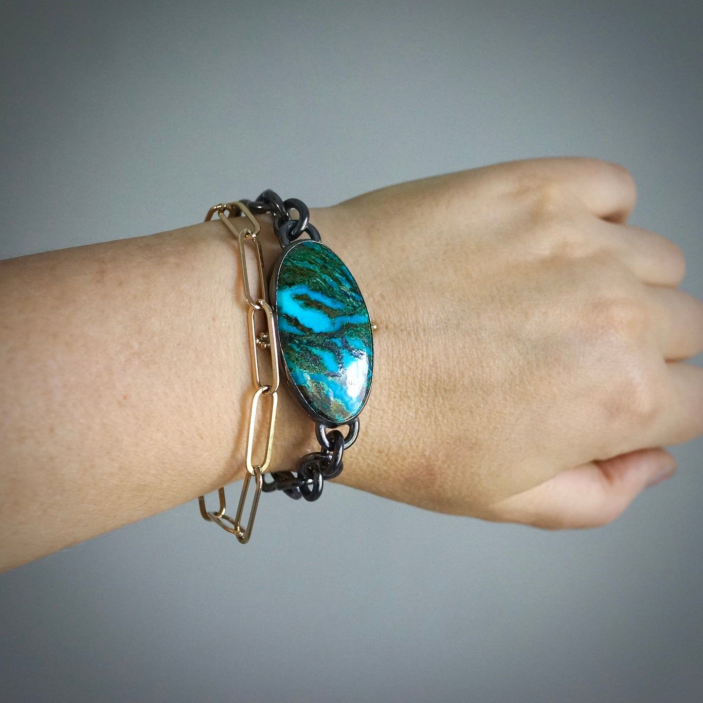 Dioptase and chrysocolla bracelet