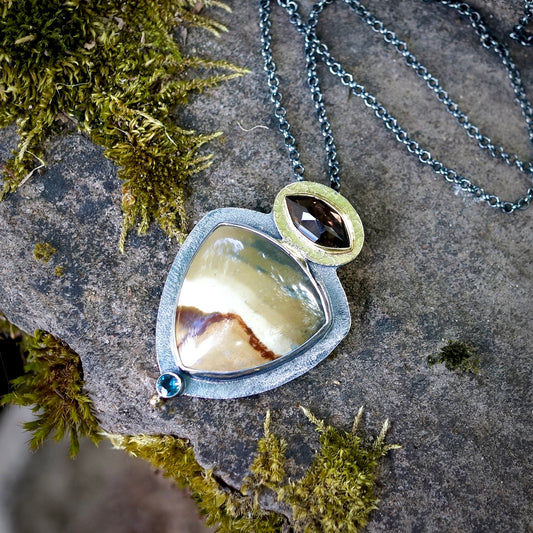 Landscape jasper, smokey quartz and London blue topaz pendant