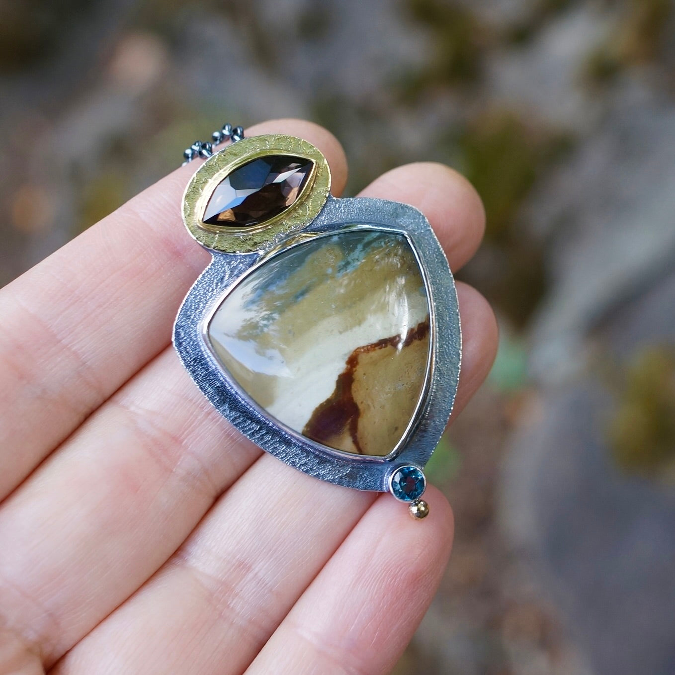 Landscape jasper, smokey quartz and London blue topaz pendant