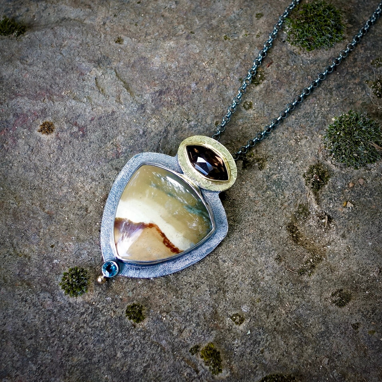 Landscape jasper, smokey quartz and London blue topaz pendant