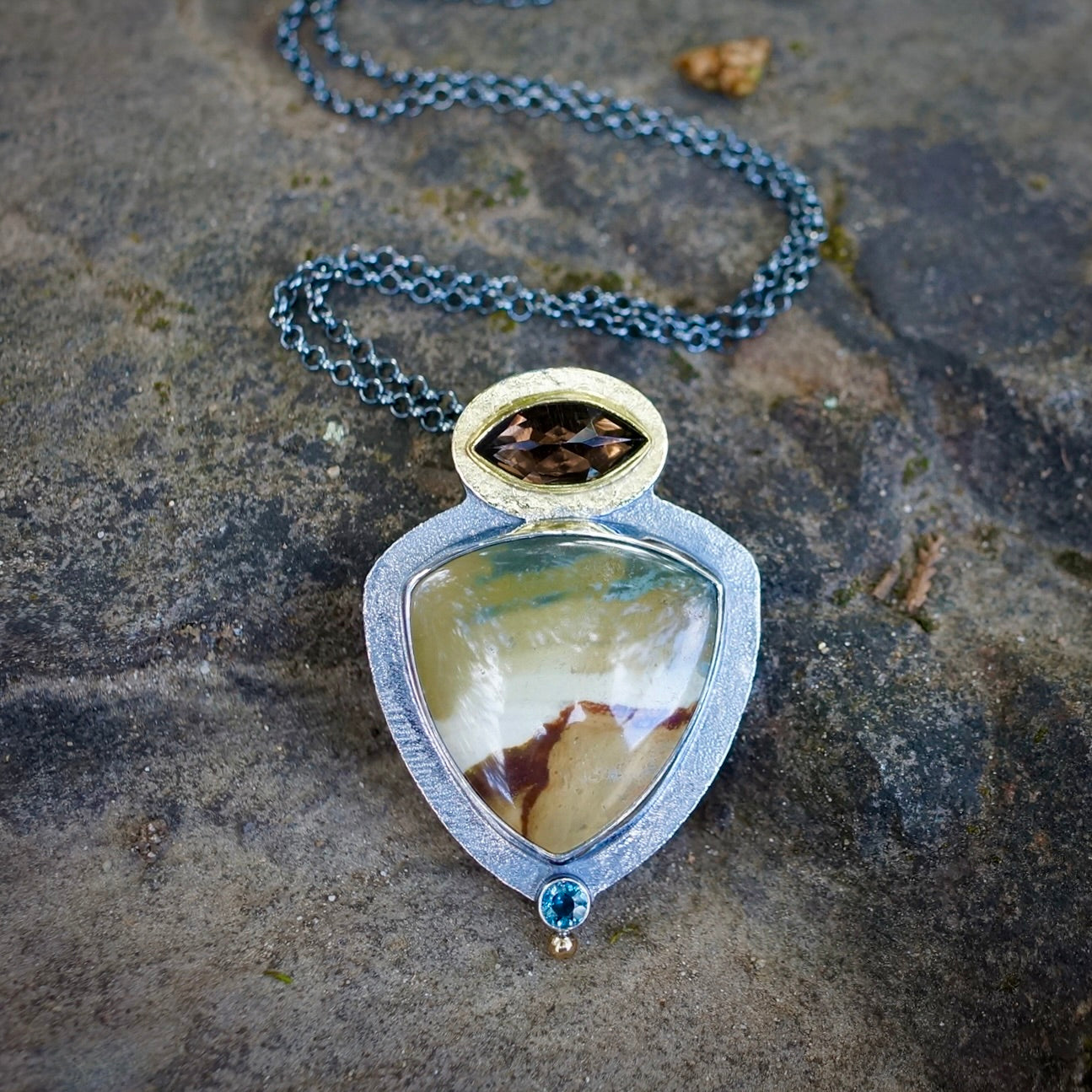 Landscape jasper, smokey quartz and London blue topaz pendant