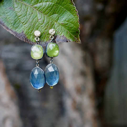 Green sphene and aquamarine earrings