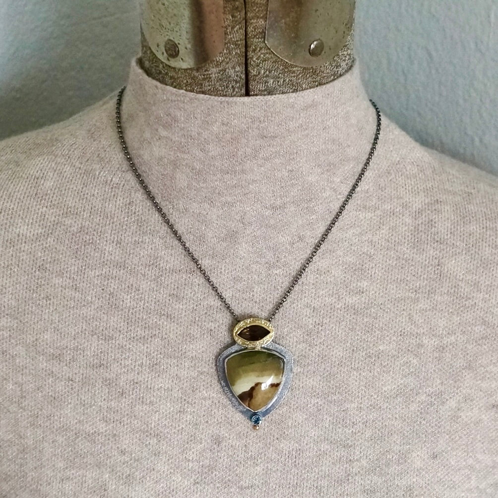 Landscape jasper, smokey quartz and London blue topaz pendant