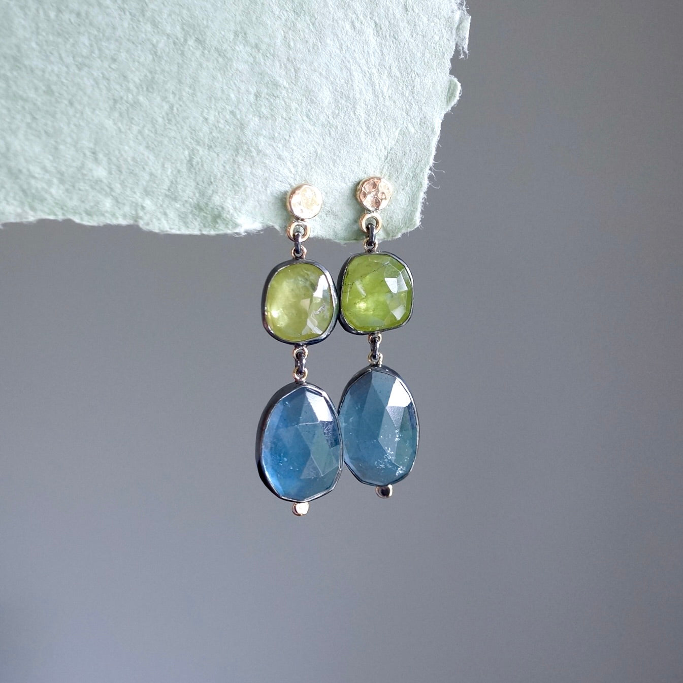 Green sphene and aquamarine earrings