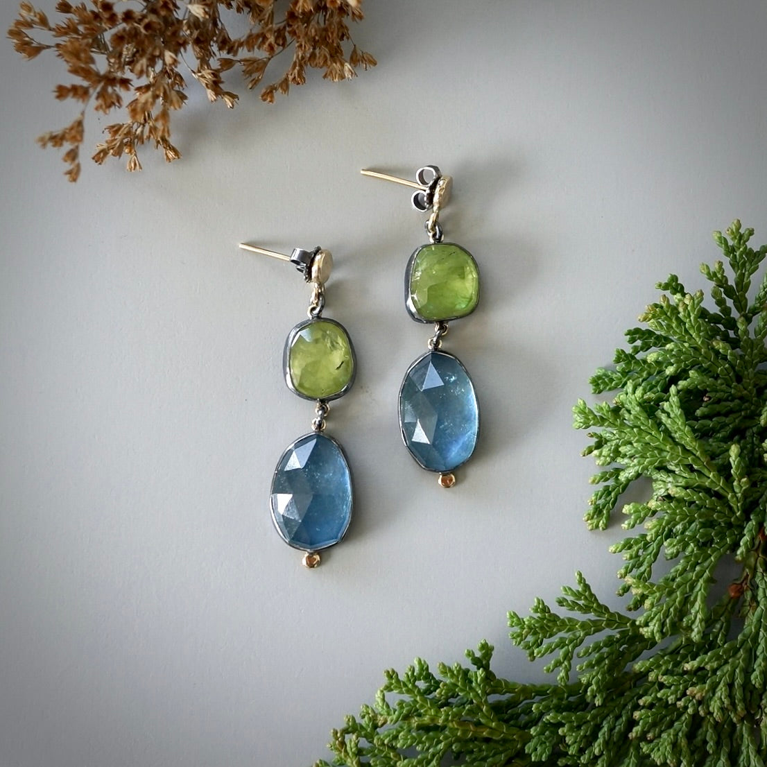 Green sphene and aquamarine earrings