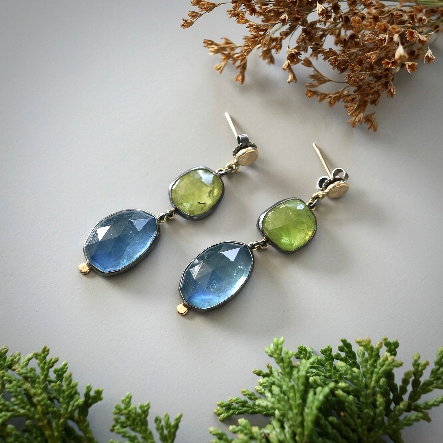 Green sphene and aquamarine earrings