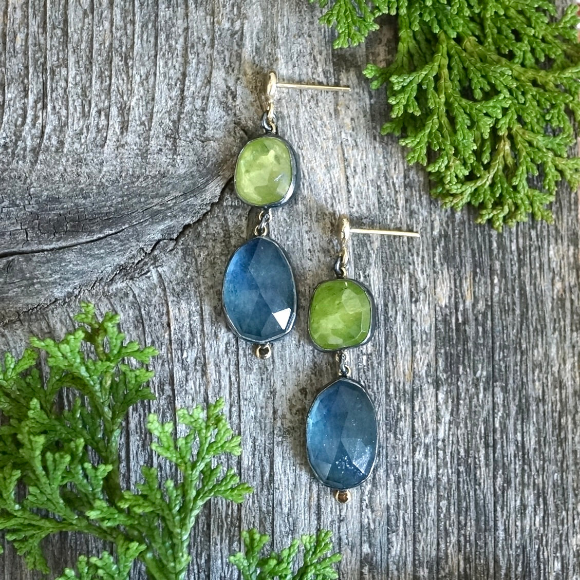 Green sphene and aquamarine earrings