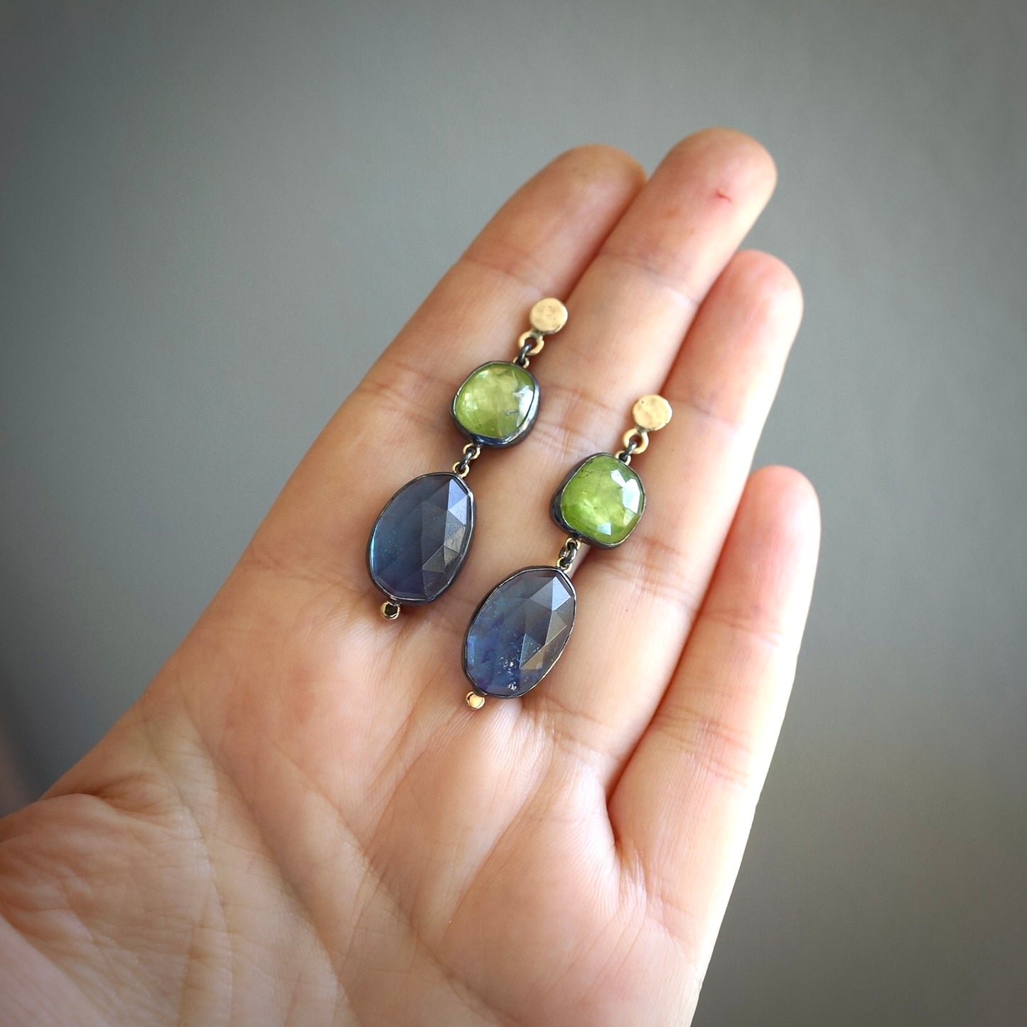Green sphene and aquamarine earrings