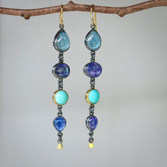 Tanzanite, turquoise and aquamarine earrings