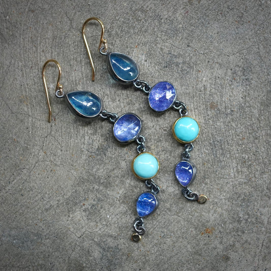 Tanzanite, turquoise and aquamarine earrings