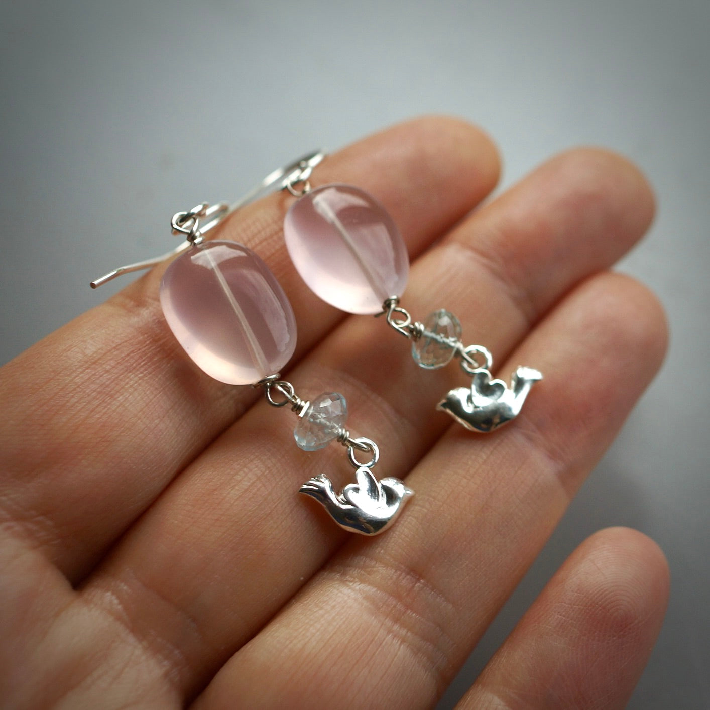 Rose quartz and Swiss blue topaz earrings