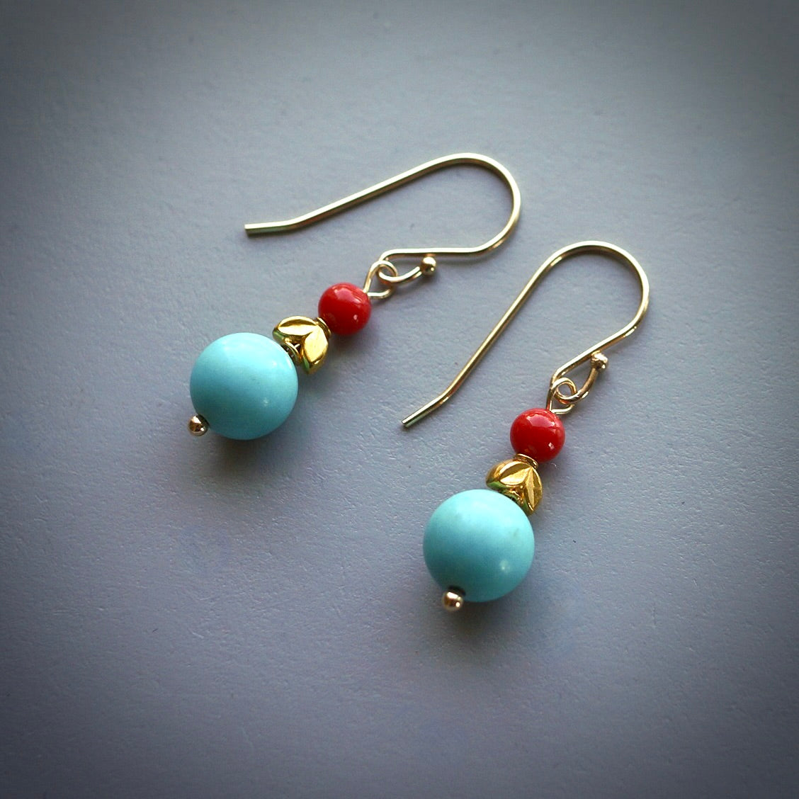 Solid gold, Captitos turquoise and red coral earrings