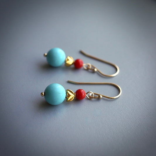 Solid gold, Captitos turquoise and red coral earrings