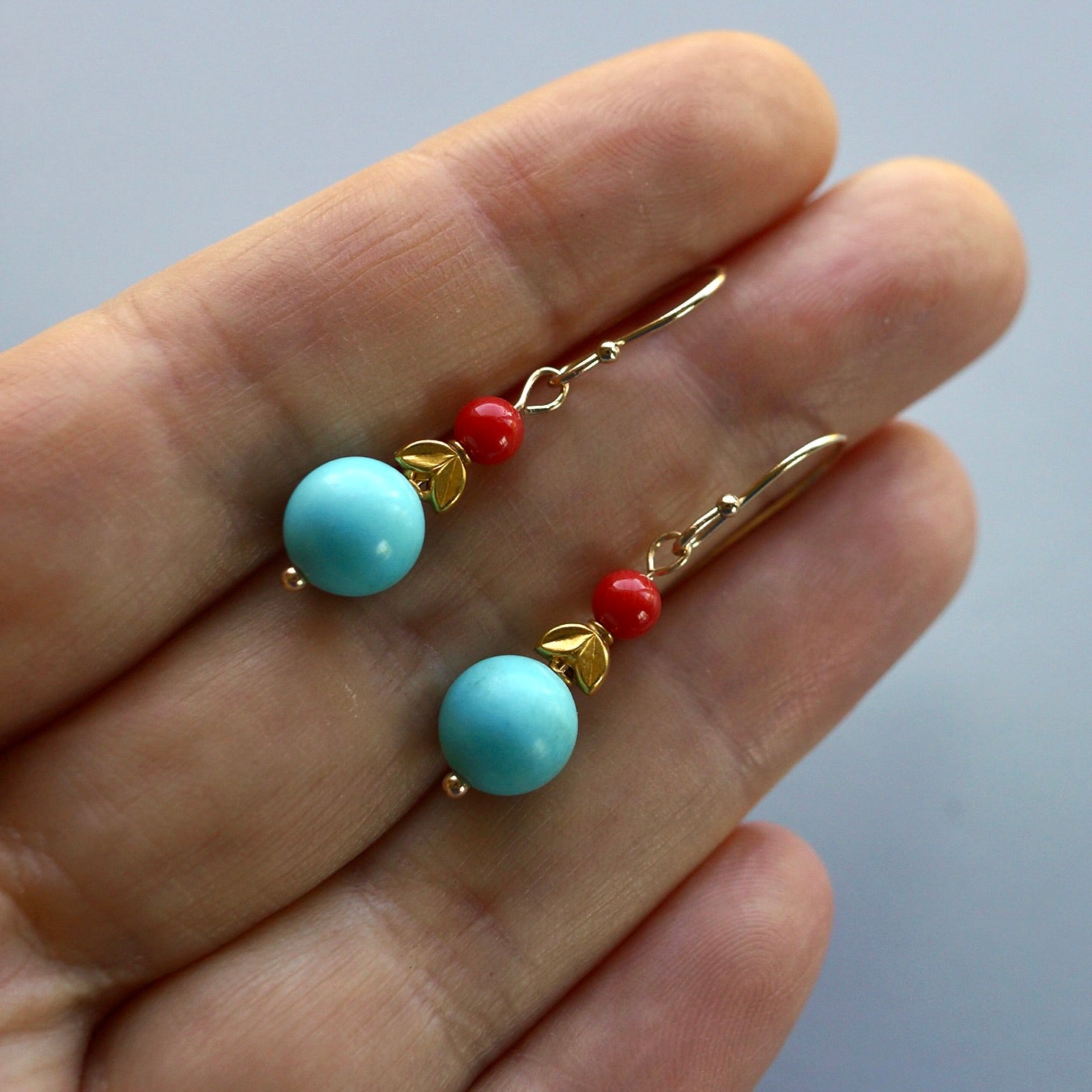Solid gold, Captitos turquoise and red coral earrings