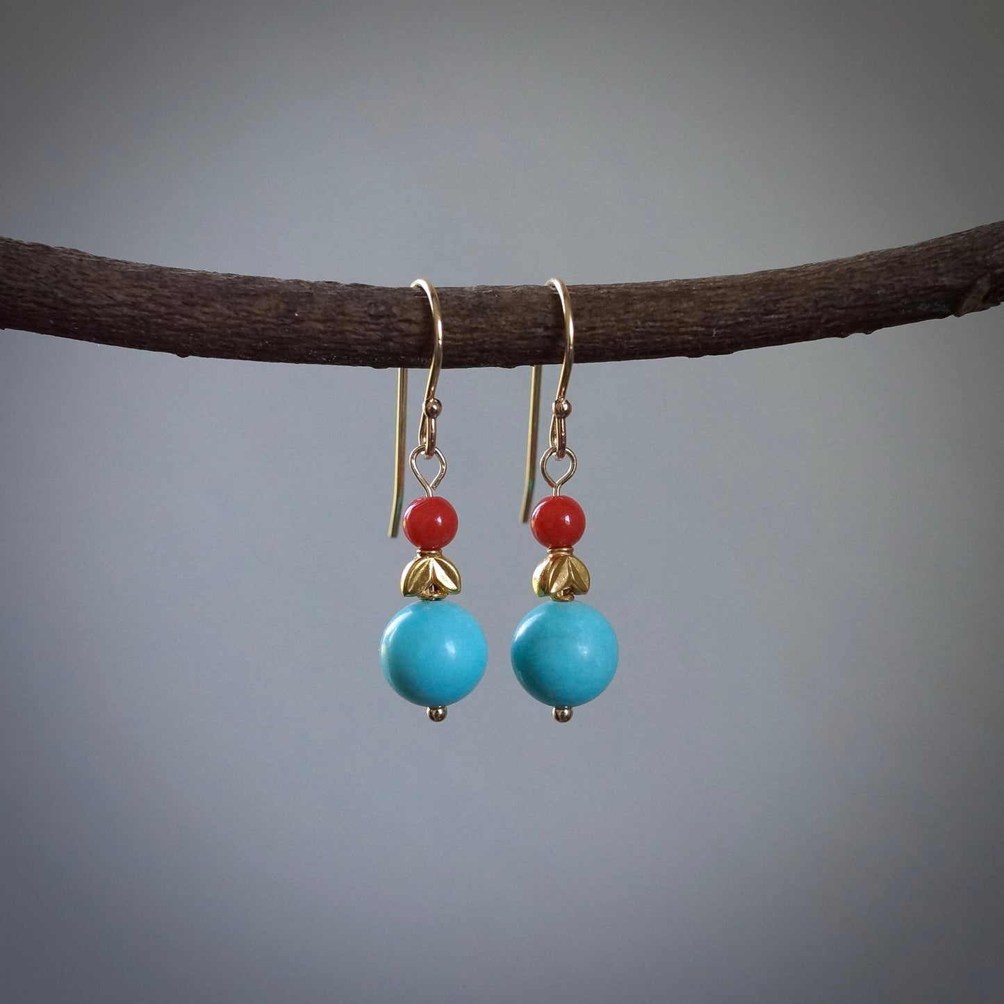 Solid gold, Captitos turquoise and red coral earrings
