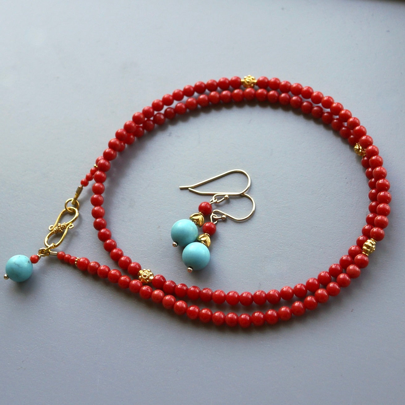Solid gold, Captitos turquoise and red coral earrings