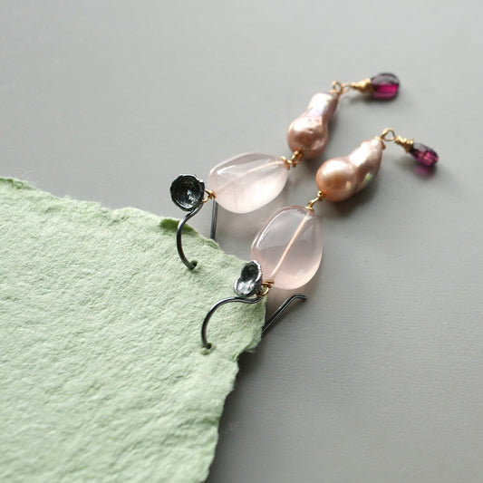 Rose quartz, baroque pearl and garnet earrings