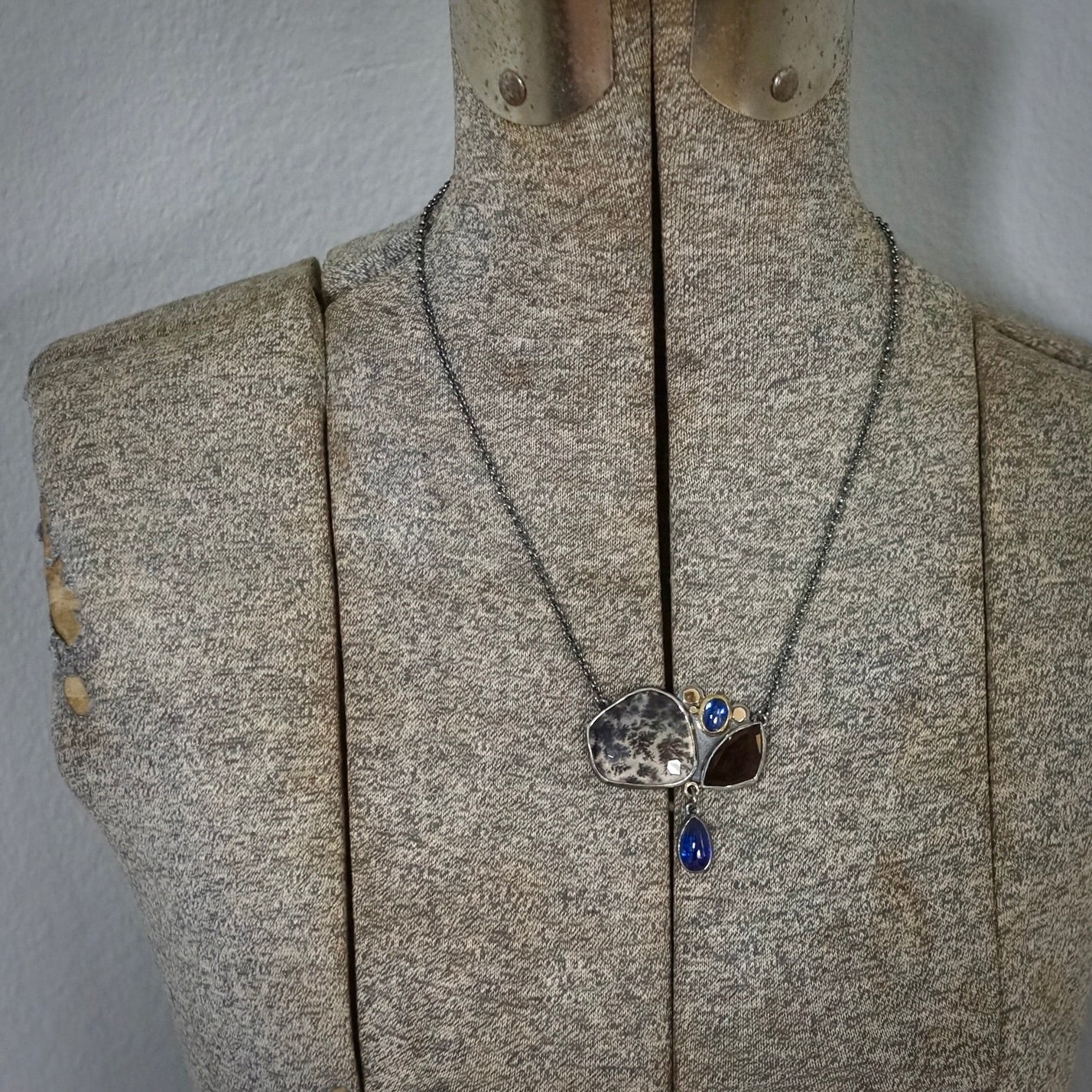 Dendritic agate, smokey quartz and blue kyanite necklace