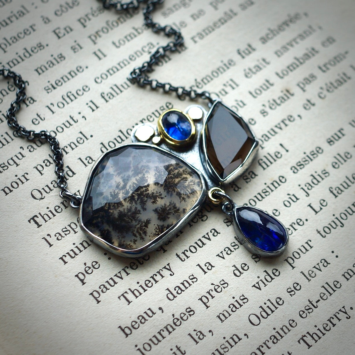 Dendritic agate, smokey quartz and blue kyanite necklace