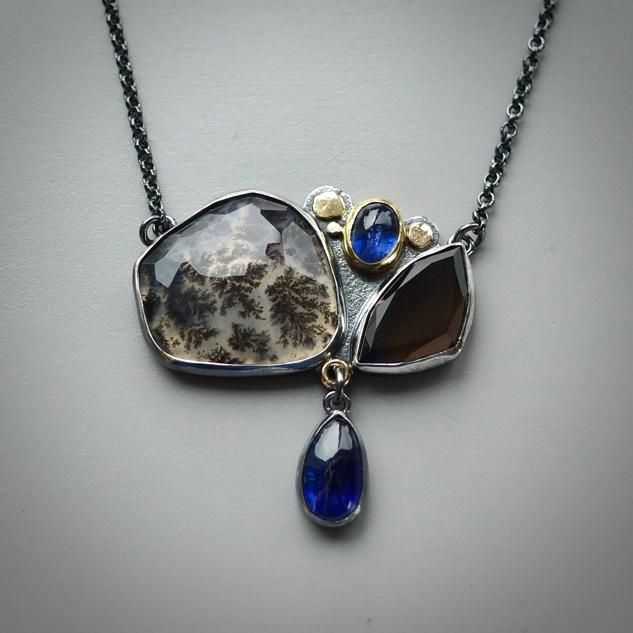 Dendritic agate, smokey quartz and blue kyanite necklace