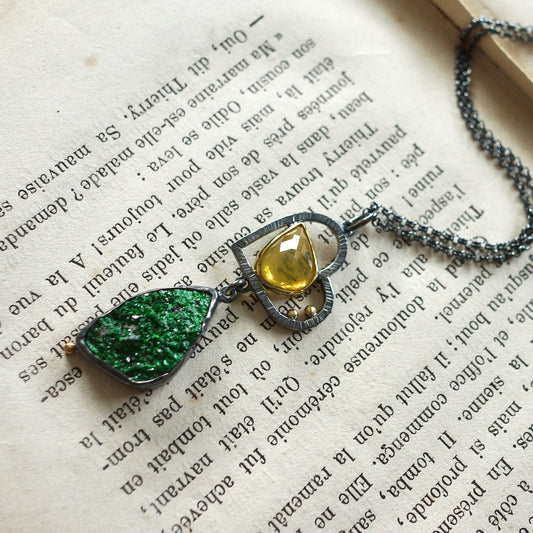 Uvarovite druzy and yellow opal pendant