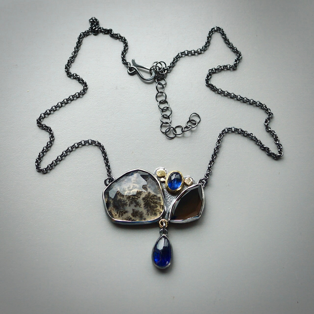 Dendritic agate, smokey quartz and blue kyanite necklace