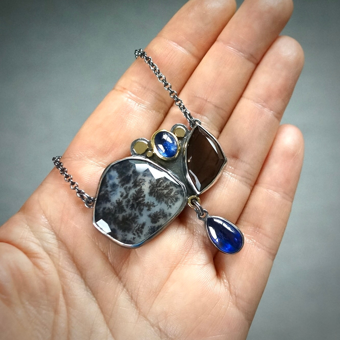 Dendritic agate, smokey quartz and blue kyanite necklace